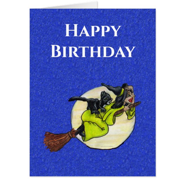 Cute Birthday Witch Black Cat Flying on Broom Moon Card (Front)