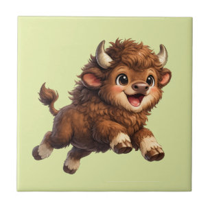 Cute Bison with Big Eyes Happy Wildlife Cartoon Ceramic Tile