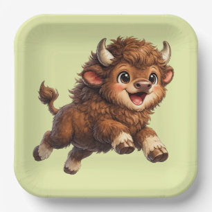 Cute Bison with Big Eyes Happy Wildlife Cartoon Paper Plates