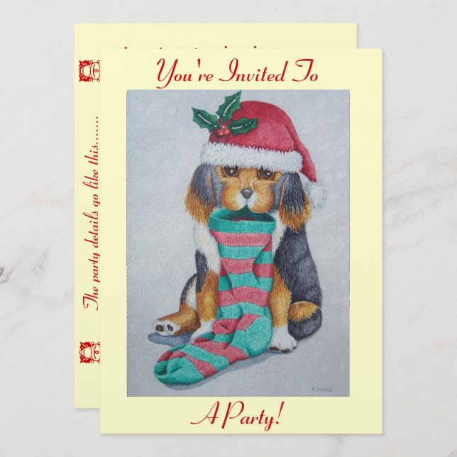 cute black and brown puppy christmas party invitation (Front/Back)