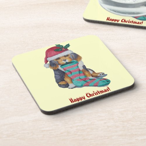 cute black and brown puppy dressed for christmas  beverage coaster