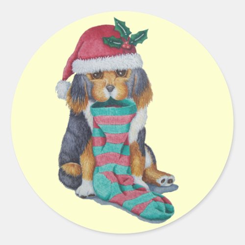cute black and brown puppy dressed for christmas classic round sticker
