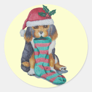 cute black and brown puppy dressed for christmas classic round sticker