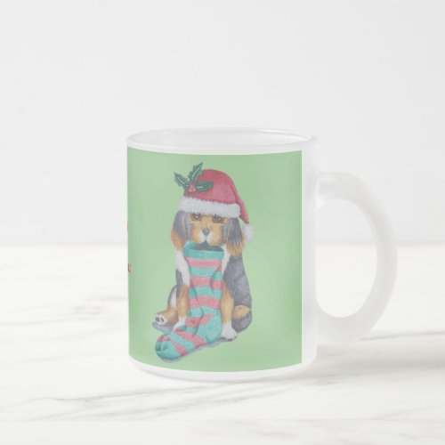 cute black and brown puppy dressed for christmas frosted glass coffee mug