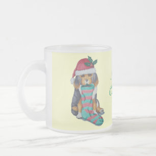 cute black and brown puppy dressed for christmas frosted glass coffee mug