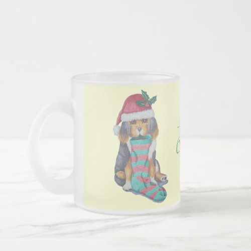 cute black and brown puppy dressed for christmas frosted glass coffee mug