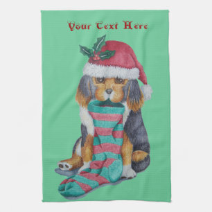 cute black and brown puppy dressed for christmas kitchen towel