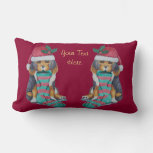 cute black and brown puppy dressed for christmas lumbar pillow