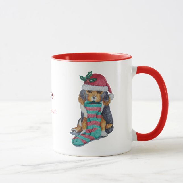 cute black and brown puppy dressed for christmas  mug (Right)
