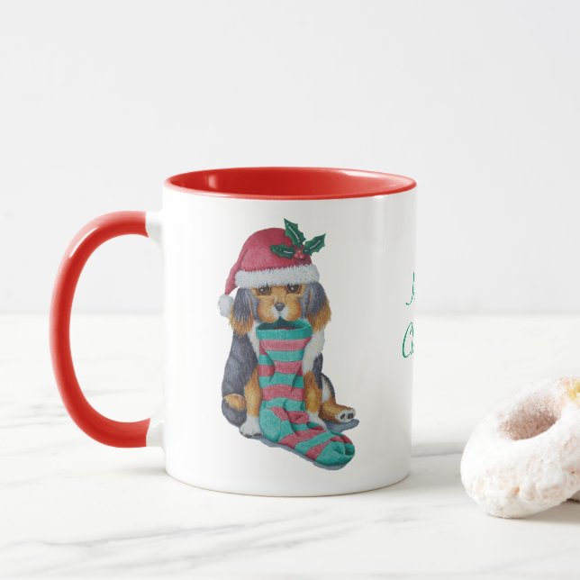 cute black and brown puppy dressed for christmas mug (With Donut)