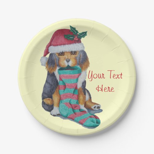 cute black and brown puppy dressed for christmas paper plates