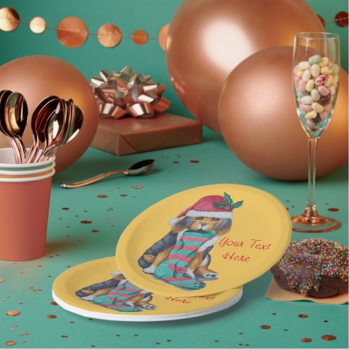 cute black and brown puppy dressed for christmas  paper plates