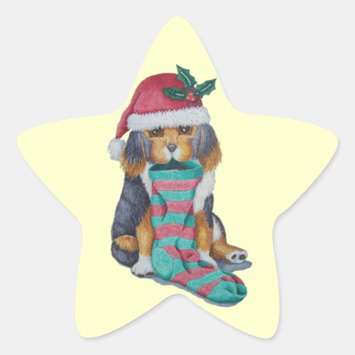 cute black and brown puppy dressed for christmas star sticker