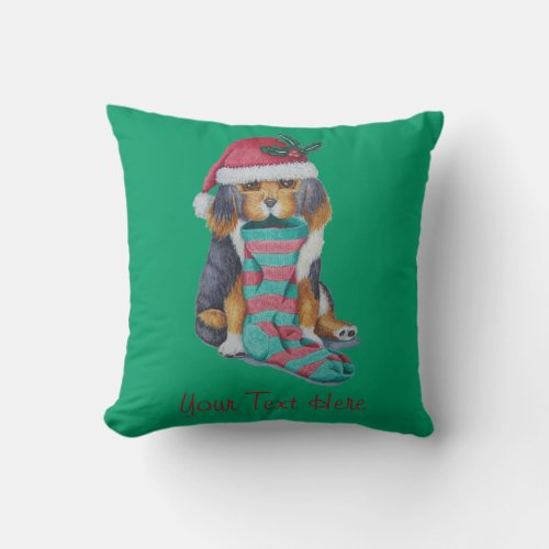 cute black and brown puppy dressed for christmas throw pillow