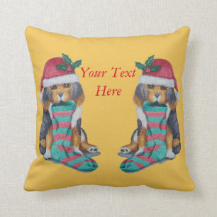 cute black and brown puppy dressed for christmas throw pillow