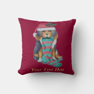 cute black and brown puppy dressed for christmas throw pillow