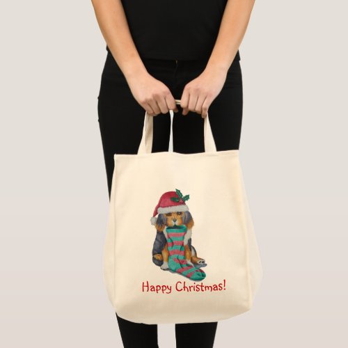 cute black and brown puppy dressed for christmas tote bag