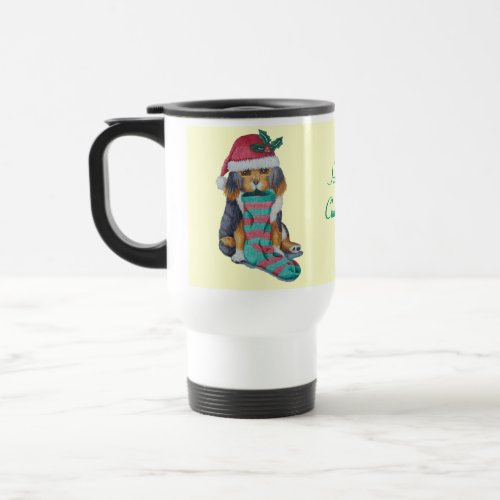 cute black and brown puppy dressed for christmas travel mug