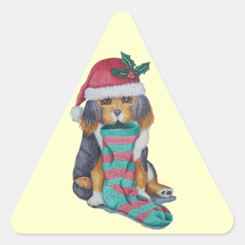 cute black and brown puppy dressed for christmas triangle sticker