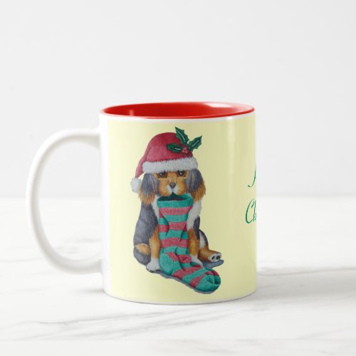 cute black and brown puppy dressed for christmas Two_Tone coffee mug