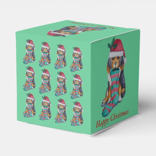 cute black and brown puppy looking festive favor boxes (Back Side)