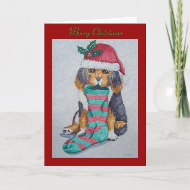 cute black and brown puppy with christmas stocking holiday card (Front)