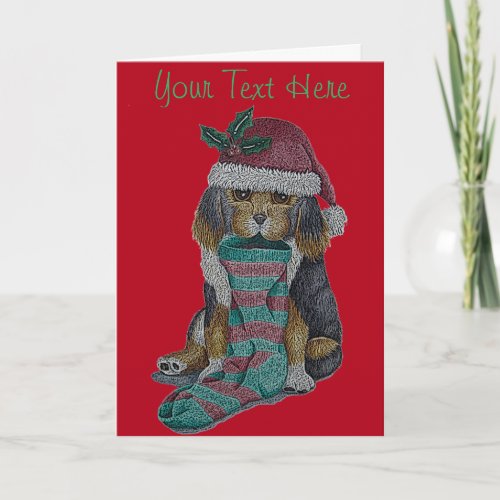 cute black and brown puppy with christmas stocking holiday card