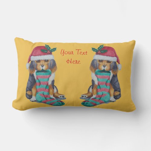 cute black and brown puppy with christmas stocking lumbar pillow