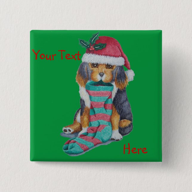 cute black and brown puppy with christmas stocking pinback button (Front)