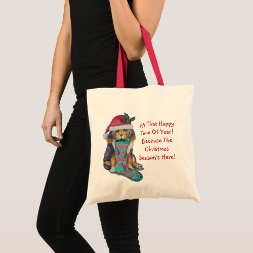 cute black and brown puppy with christmas stocking tote bag