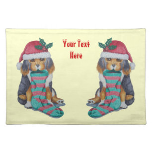 cute black and brown puppy with stocking christmas cloth placemat
