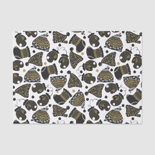Cute Black and Gold Hats and Mittens Christmas  Tissue Paper (Front)