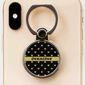 Cute Black and Gold Hearts - Personalized Phone Ring Stand