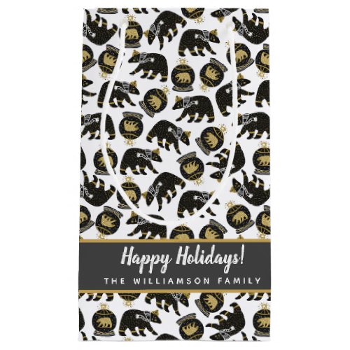 Cute Black and Gold Polar Bear Pattern Christmas  Small Gift Bag