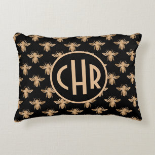 Cute Black And Gold Queen Bee Monogram Accent Pillow
