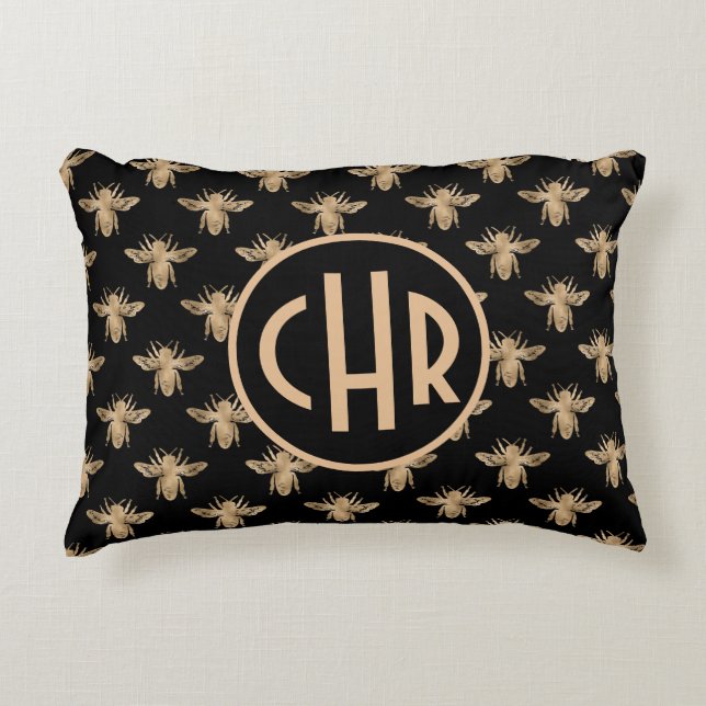 Cute Black And Gold Queen Bee Monogram Accent Pillow (Front)