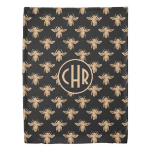 Cute Black And Gold Queen Bee Monogram Duvet Cover
