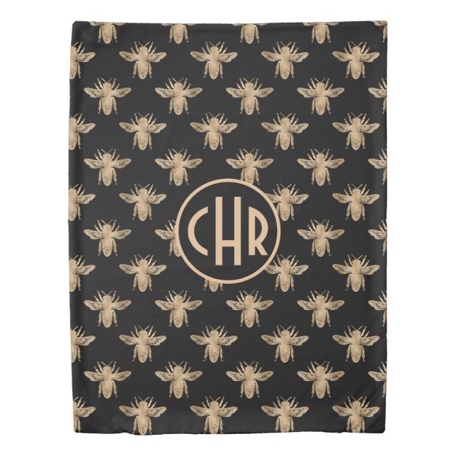 Cute Black And Gold Queen Bee Monogram Duvet Cover (Front)