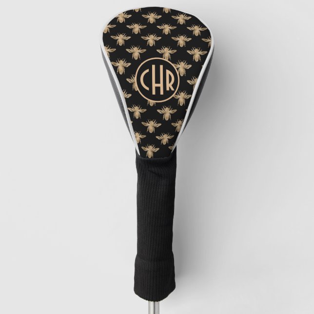 Cute Black And Gold Queen Bee Monogram Golf Head Cover (Front)