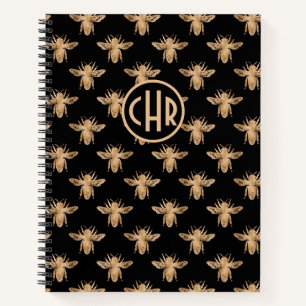 Cute Black And Gold Queen Bee Monogram Notebook
