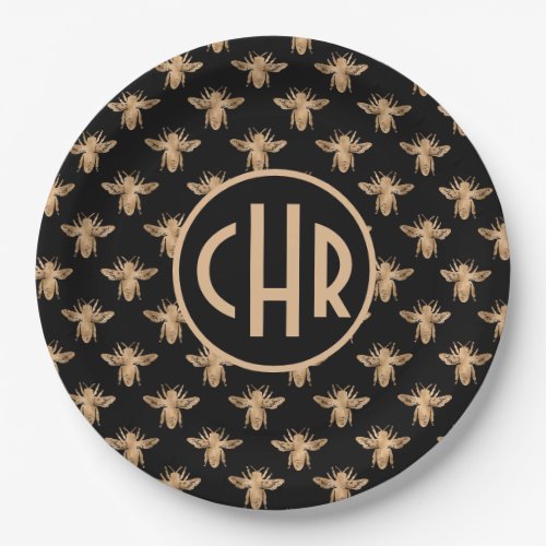 Cute Black And Gold Queen Bee Monogram Paper Plates