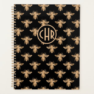 Cute Black And Gold Queen Bee Monogram Planner