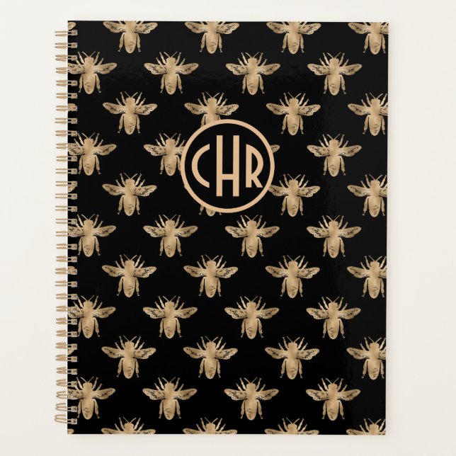 Cute Black And Gold Queen Bee Monogram Planner (Front)