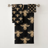 Black & Gold Queen Bee Pattern Hand & Bath Towel by Rose Gold