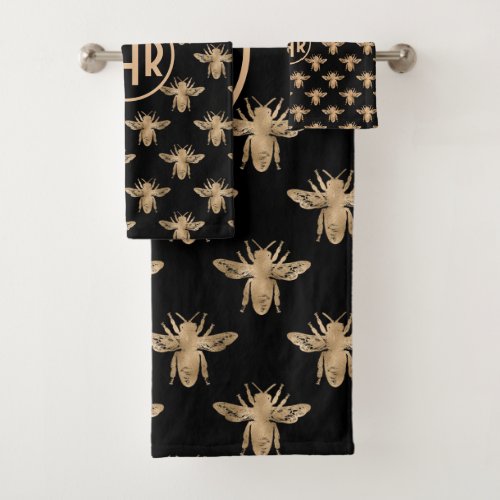 Cute Black And Gold Queen Bee Monogram Shower Curt Bath Towel Set