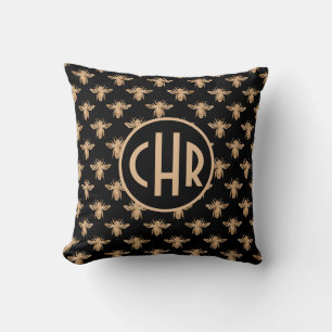 Cute Black And Gold Queen Bee Monogram Throw Pillow