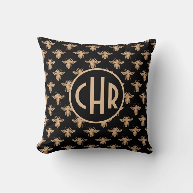Cute Black And Gold Queen Bee Monogram Throw Pillow (Front)