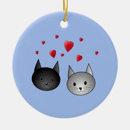 Cute Black And Gray Cats, With Hearts. Ceramic Ornament