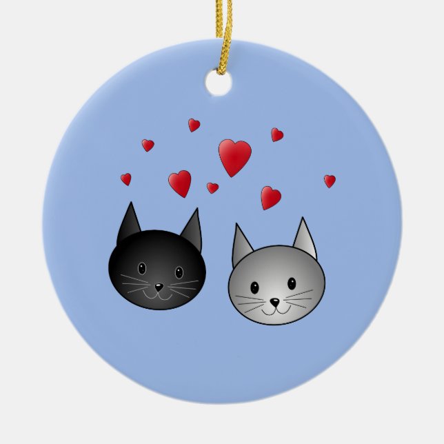 Cute Black and Gray Cats, with Hearts. Ceramic Ornament (Front)