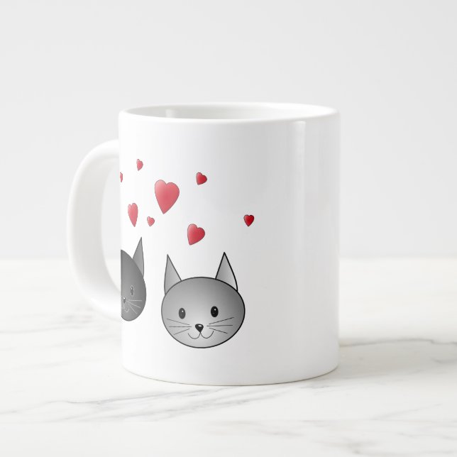 Cute Black and Gray Cats, with Hearts. Giant Coffee Mug (Front Left)